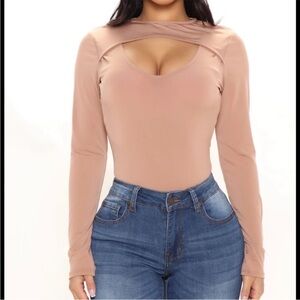 Fashion Nova Check Your Facts Long Sleeve Thong Bodysuit Mocha NWT 2X